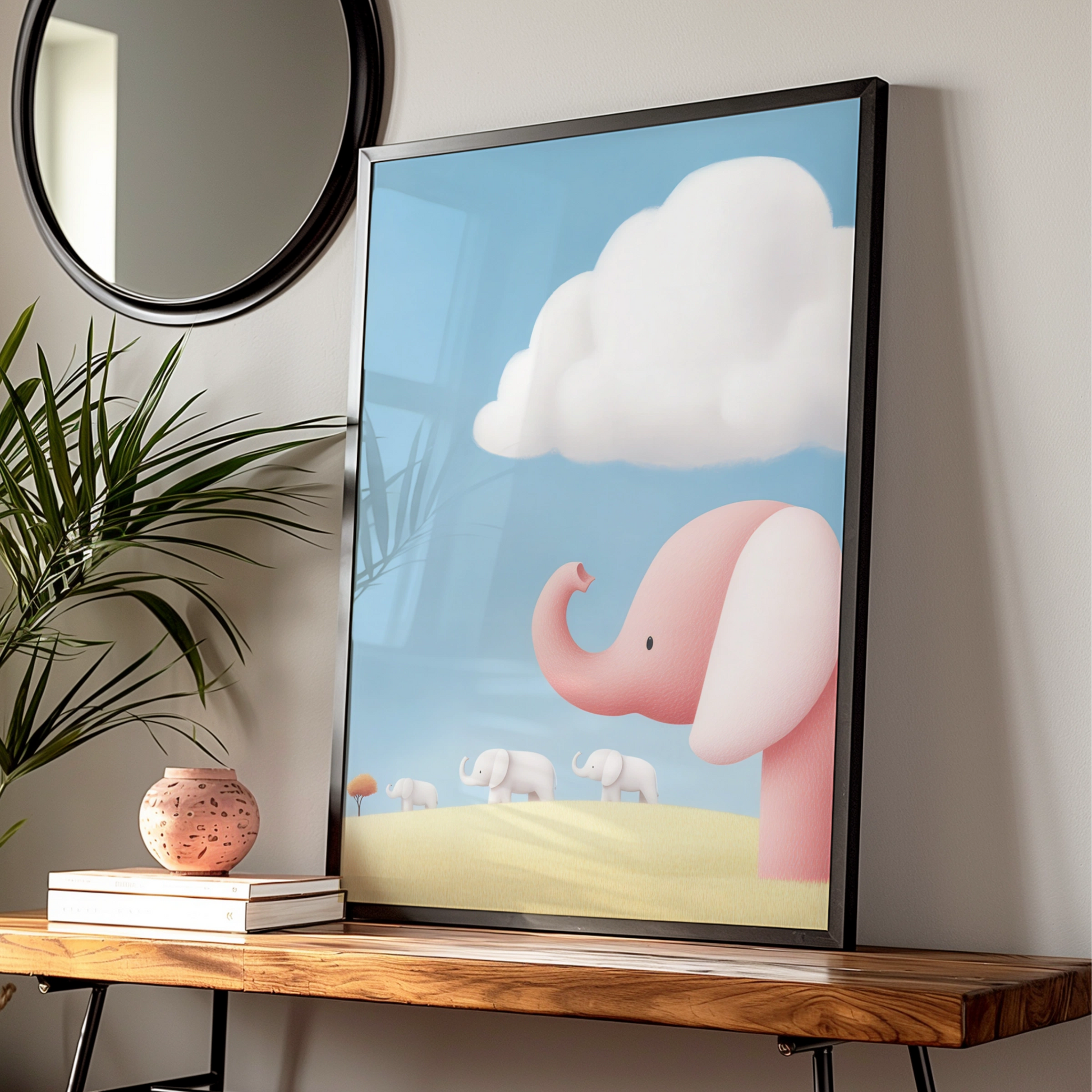 Pink Elephant Nursery Wall Art, Cute Baby Elephant Poster, Children's Room Print, Soft Pastel