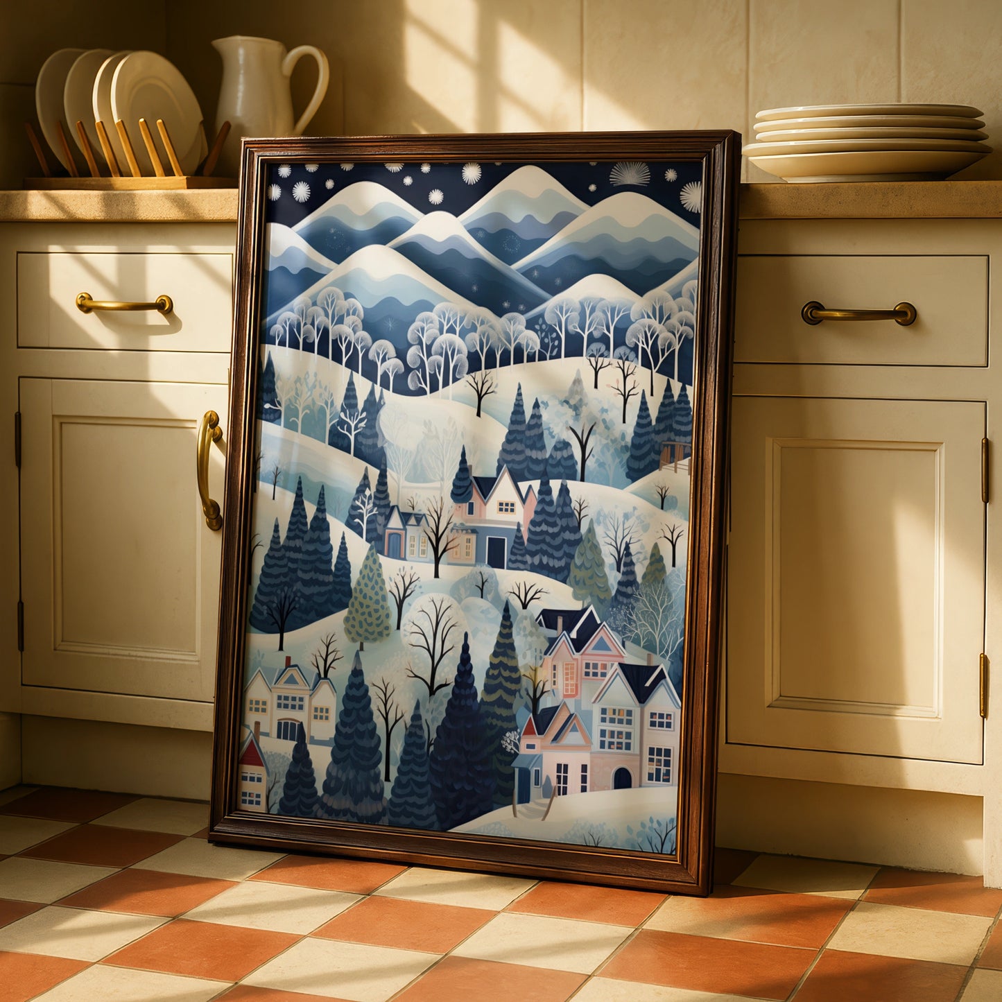 Christmas Winter Village Poster, Snowy Scene Wall Art, Blue festive Print, Holiday Home Decor