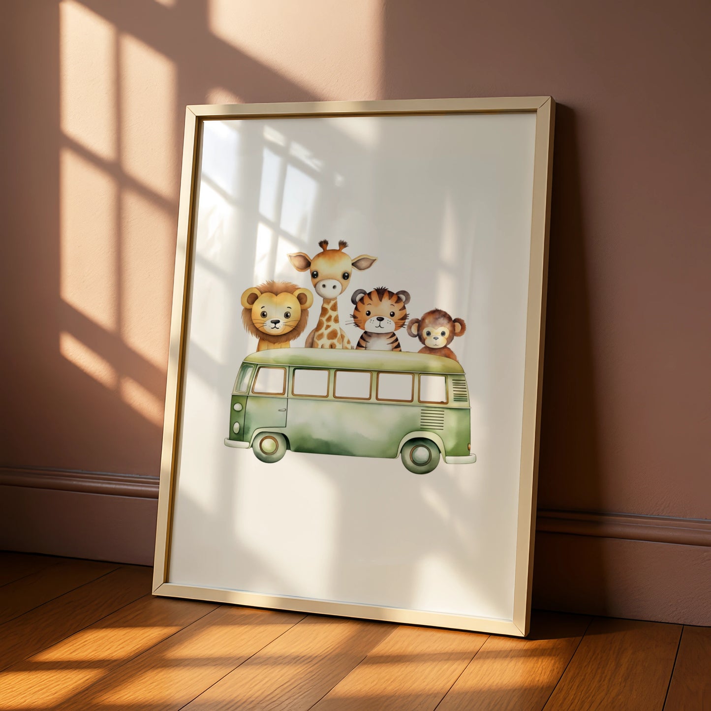 Safari Animals Nursery Wall Art, Cute Bus Print, Lion Giraffe Tiger Monkey Poster