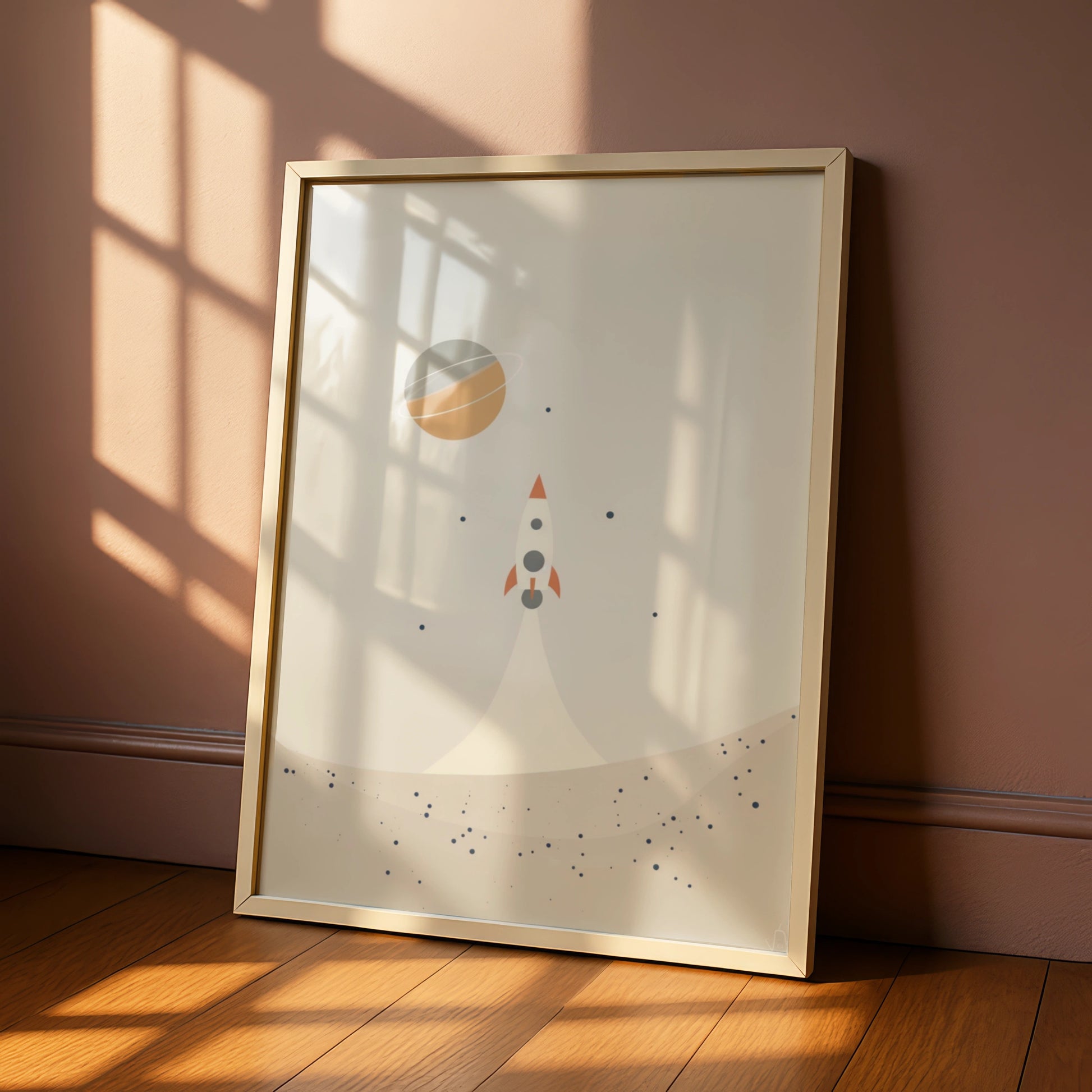 Rocket Space Nursery Wall Art, Boys Room Poster, Saturn Planet Print, Boho Beige Kids Decor