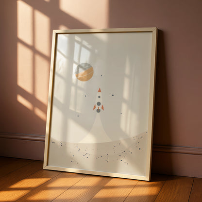 Rocket Space Nursery Wall Art, Boys Room Poster, Saturn Planet Print, Boho Beige Kids Decor