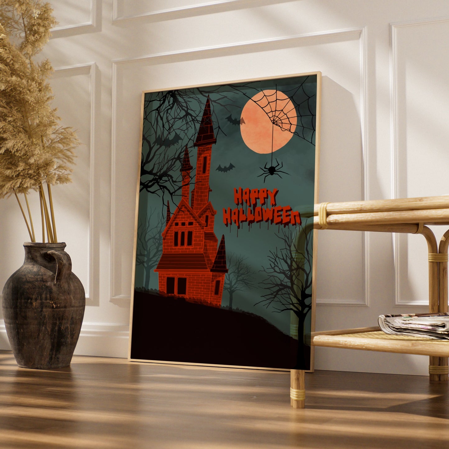 Happy Halloween Haunted House Poster, Spooky Castle Wall Art, Bats Full Moon Print