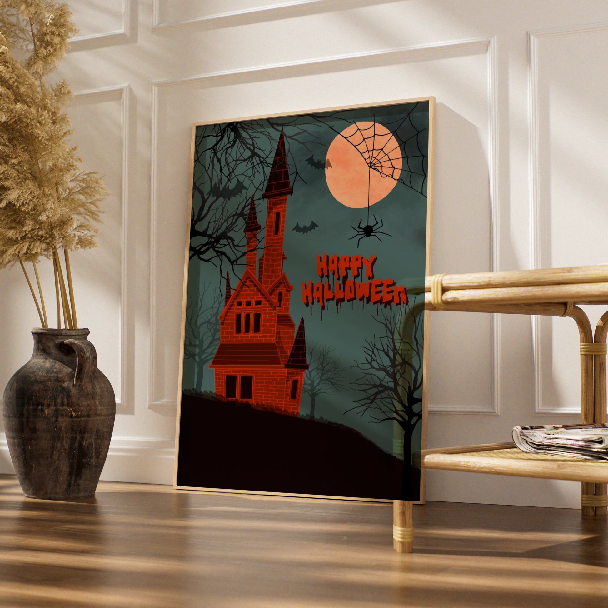 Happy Halloween Haunted House Poster, Spooky Castle Wall Art, Bats Full Moon Print