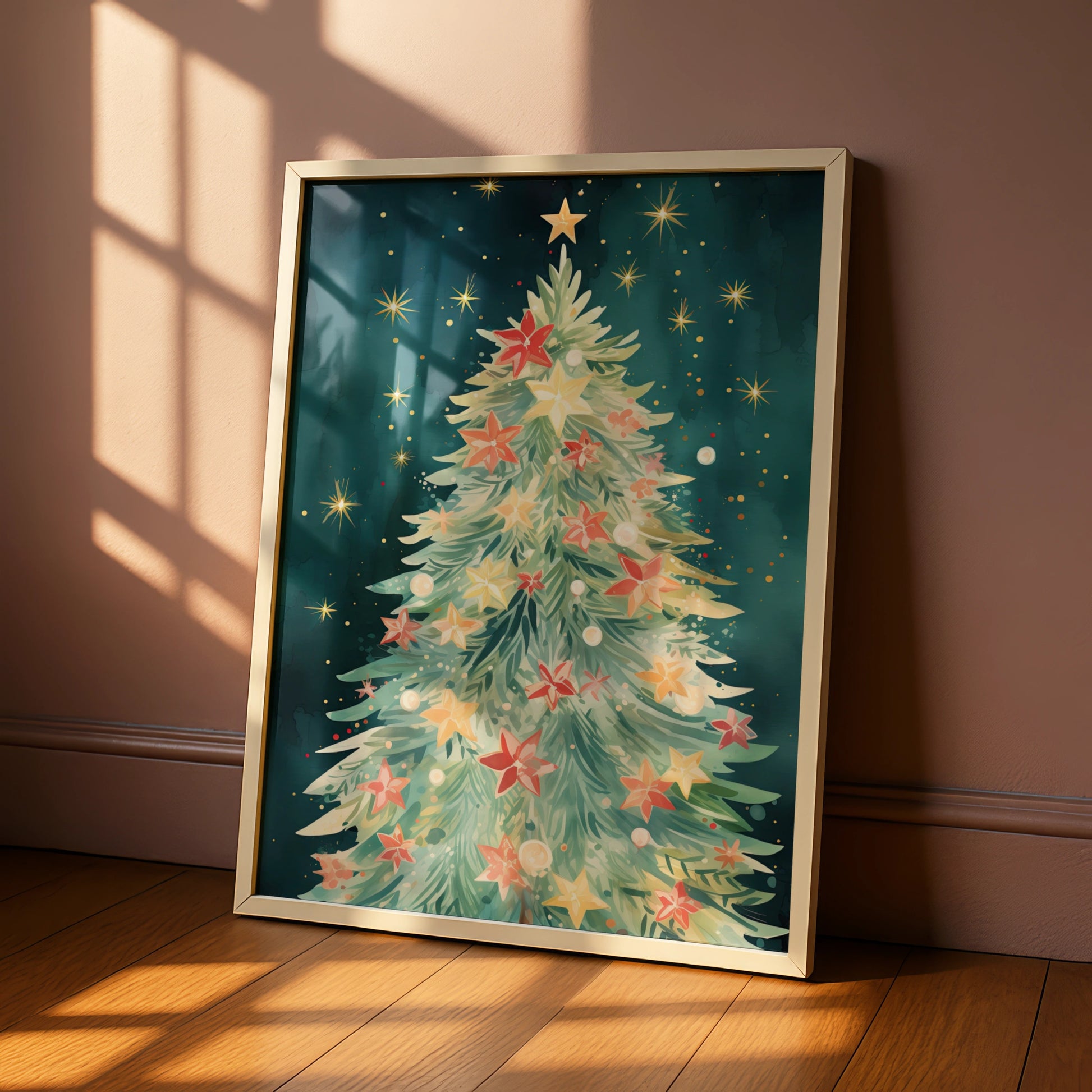 Christmas Tree Poster, Watercolour Festive Wall Art, Teal Gold Star Print, Holiday Decor