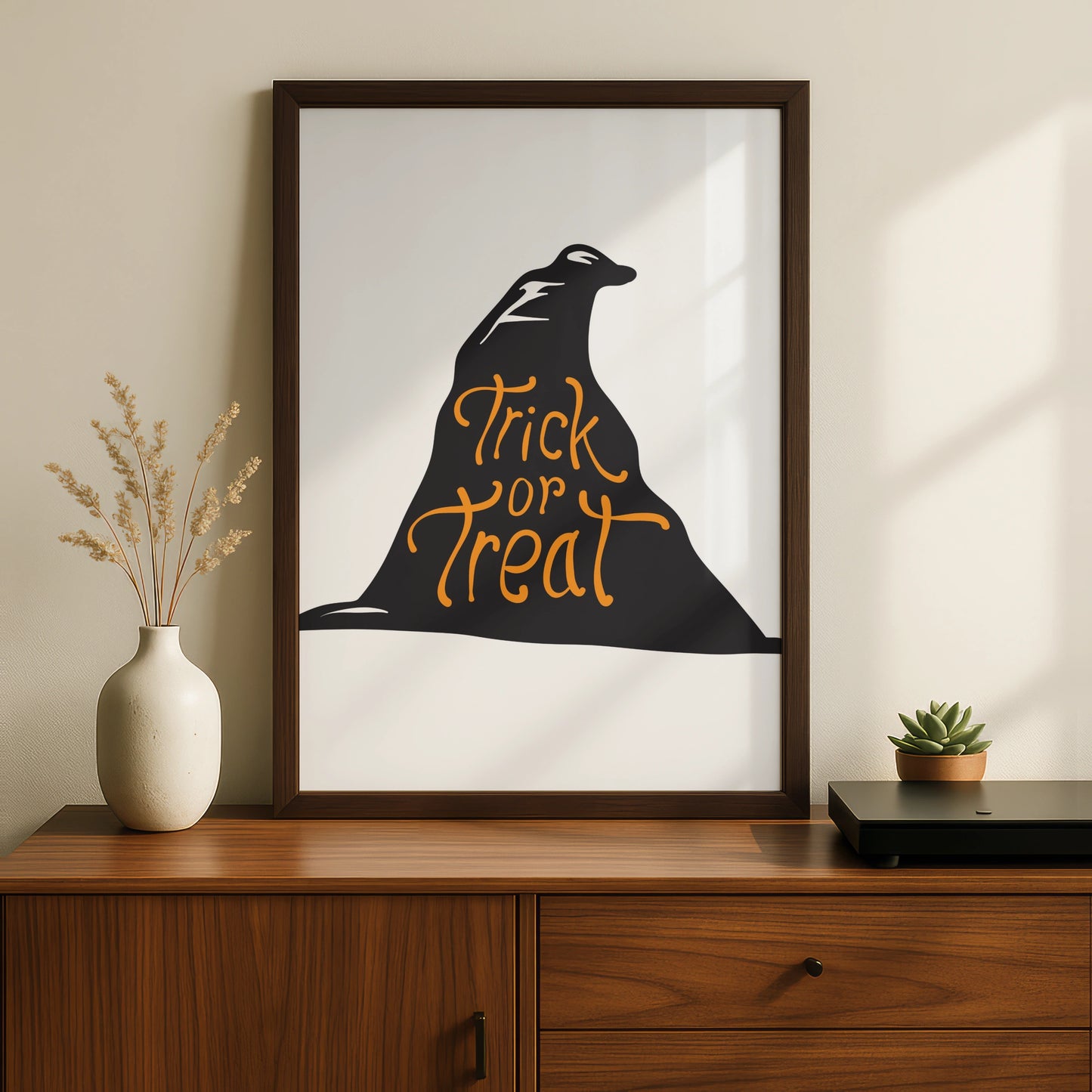Trick or Treat Halloween Poster, Witch Hat Wall Art, Black Orange Spooky Print