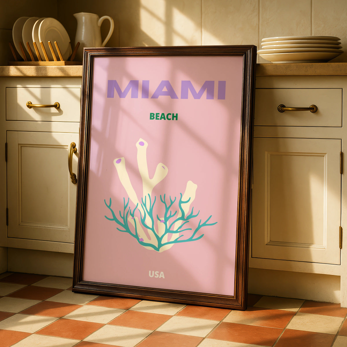 Miami Beach Travel Poster, Florida USA Wall Art, Retro Coral Print, Pink Coastal Decor