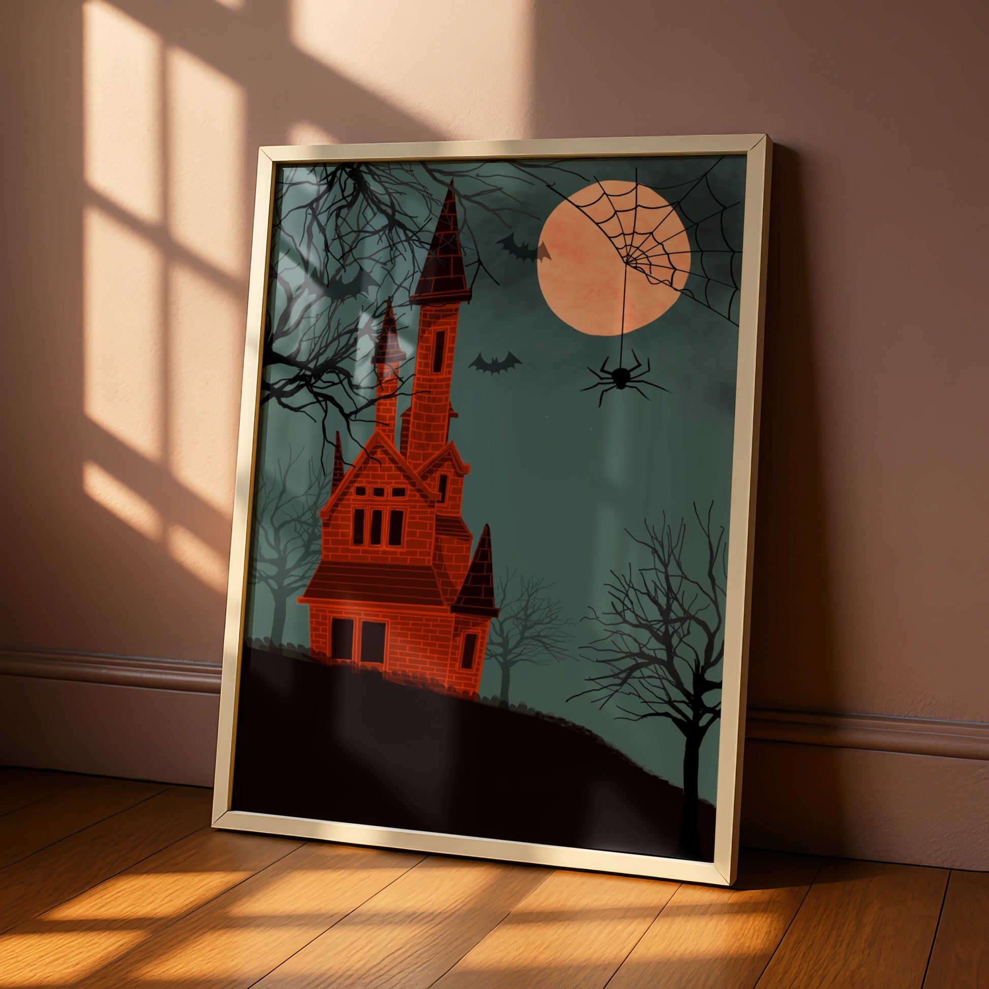 Halloween Haunted Castle Poster, Spooky House Wall Art, Bats Spider Moon Print