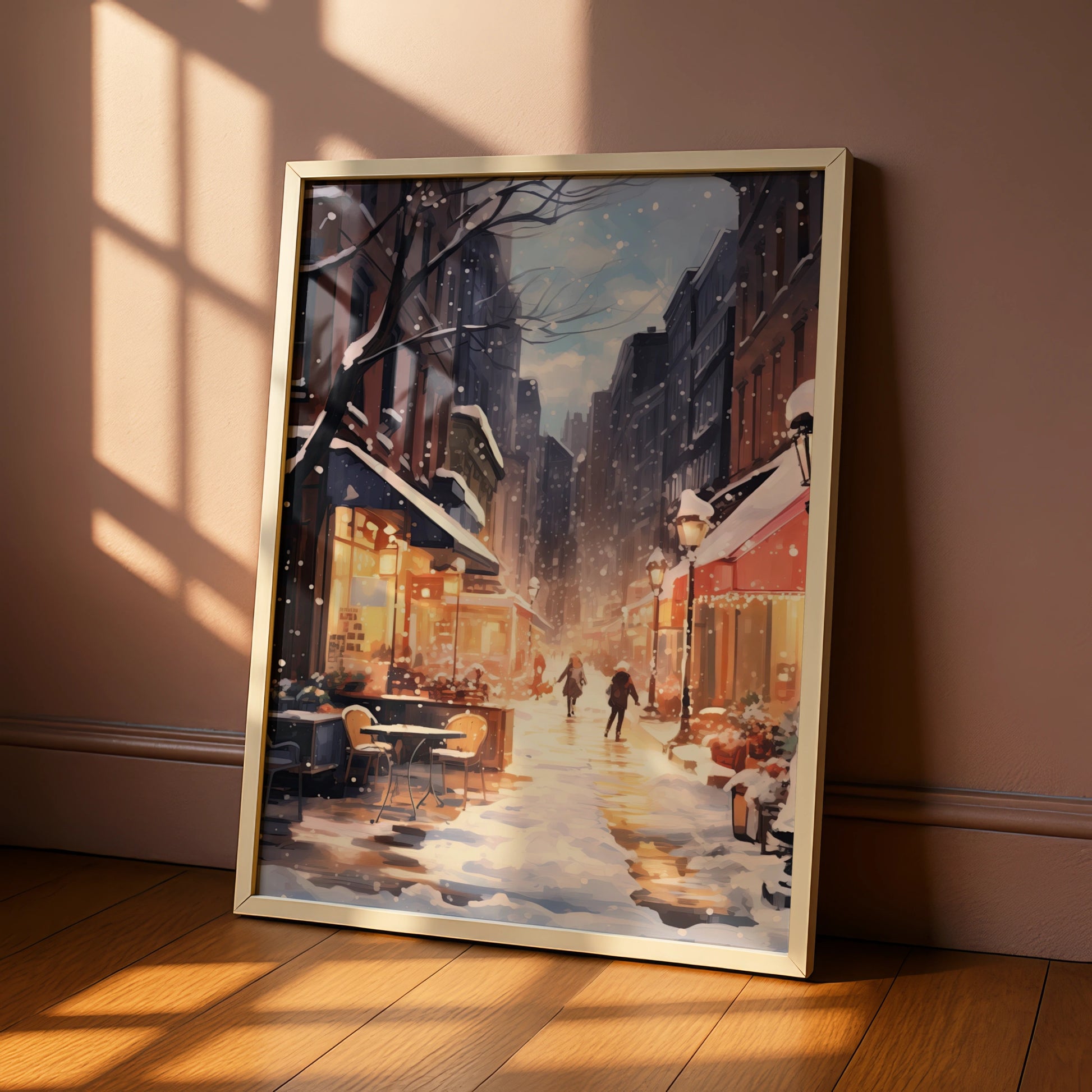 Christmas City Street Poster, Snowy Winter Scene Wall Art, Festive Holiday Print, Cosy Xmas Decor
