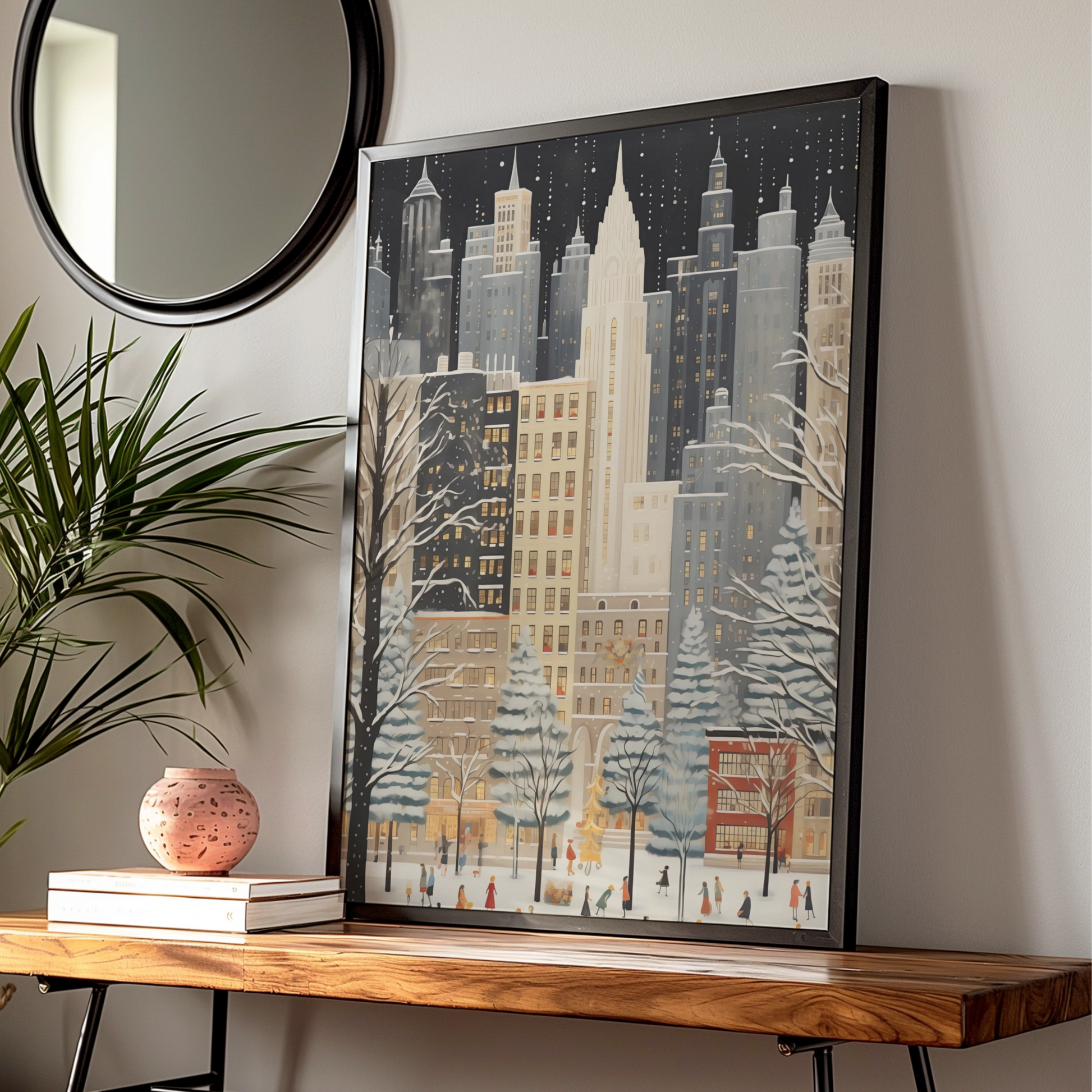 Christmas New York City Poster, Winter Snowfall Skyline Art, Festive NYC Wall Art Print