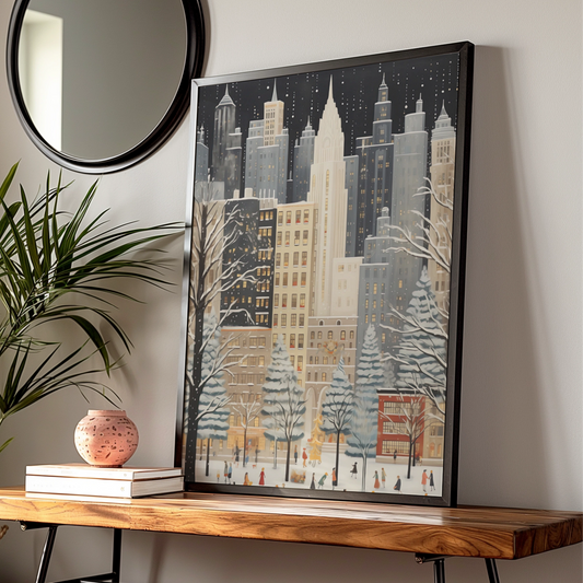 Christmas New York City Poster, Winter Snowfall Skyline Art, Festive NYC Wall Art Print