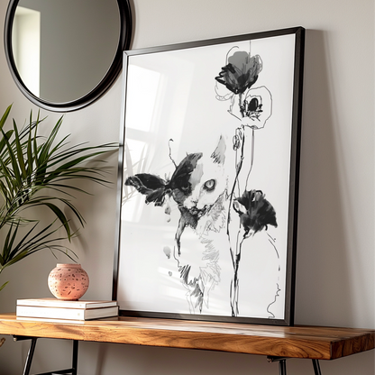 Cat Butterfly Floral Monochrome Wall Art, Black and White Poster, Minimalist Print