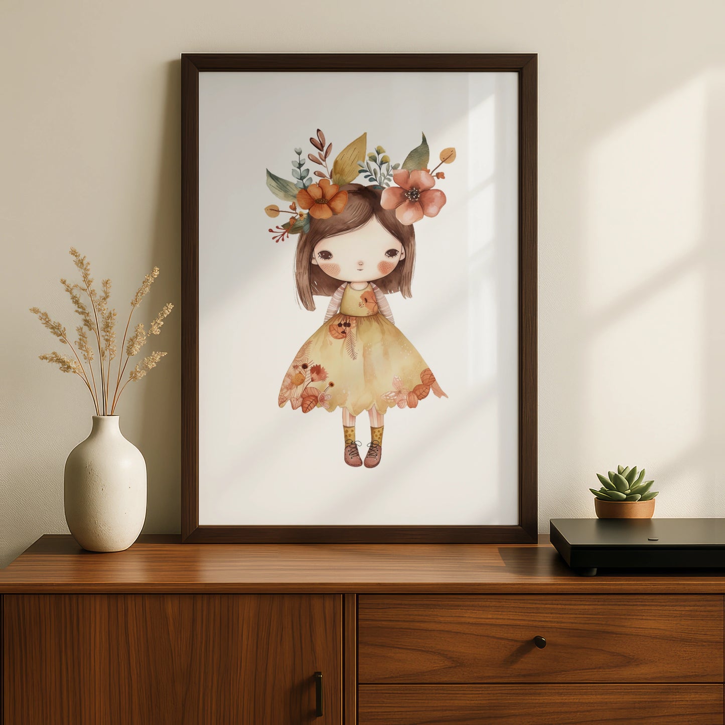 Boho Flower Girl Nursery Wall Art, Cute Girl Poster, Floral Crown Print for Baby Girls Room