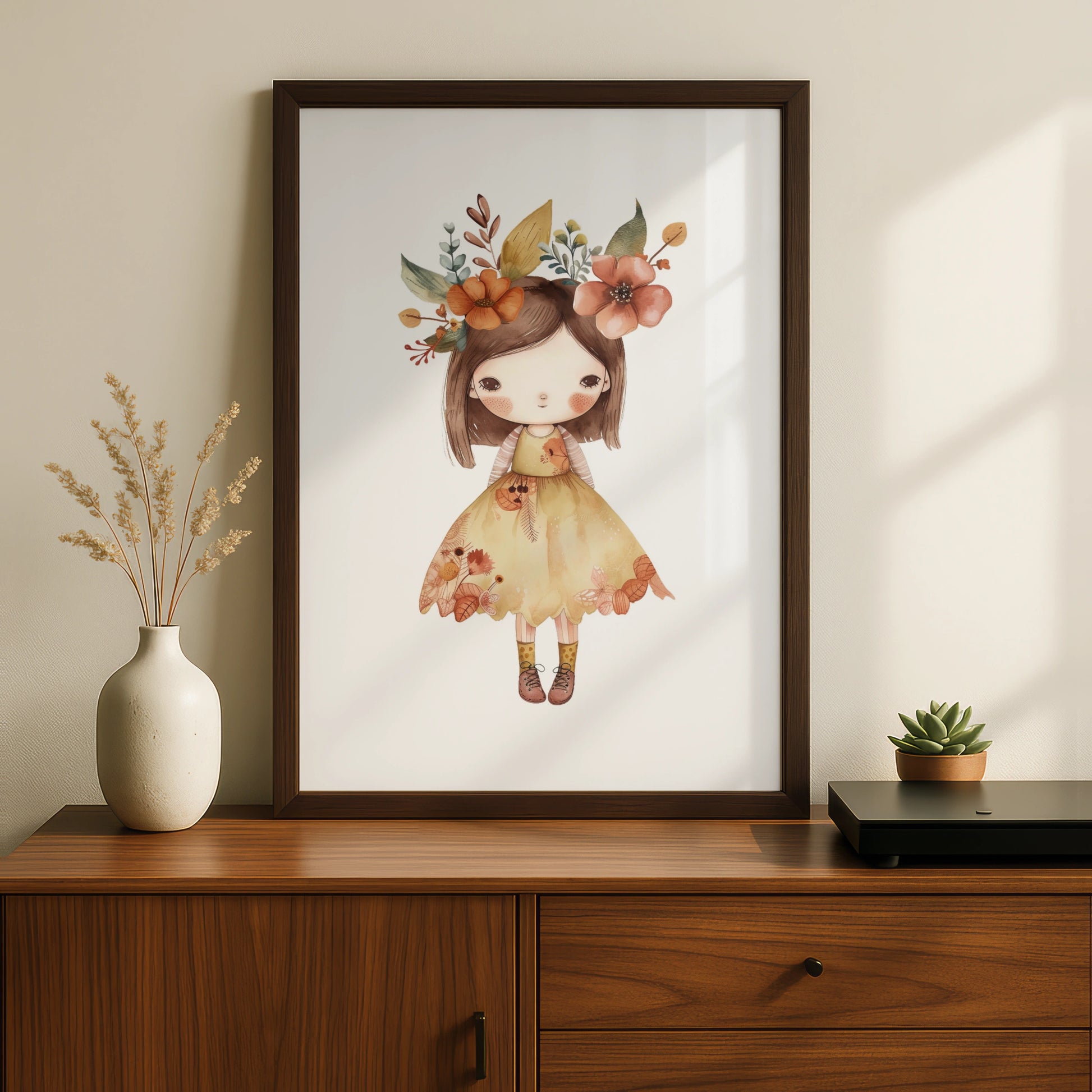 Boho Flower Girl Nursery Wall Art, Cute Girl Poster, Floral Crown Print for Baby Girls Room