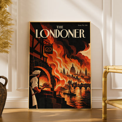 Great Fire of London Poster, Vintage Magazine Cover Wall Art, Baker and Flames Art Print