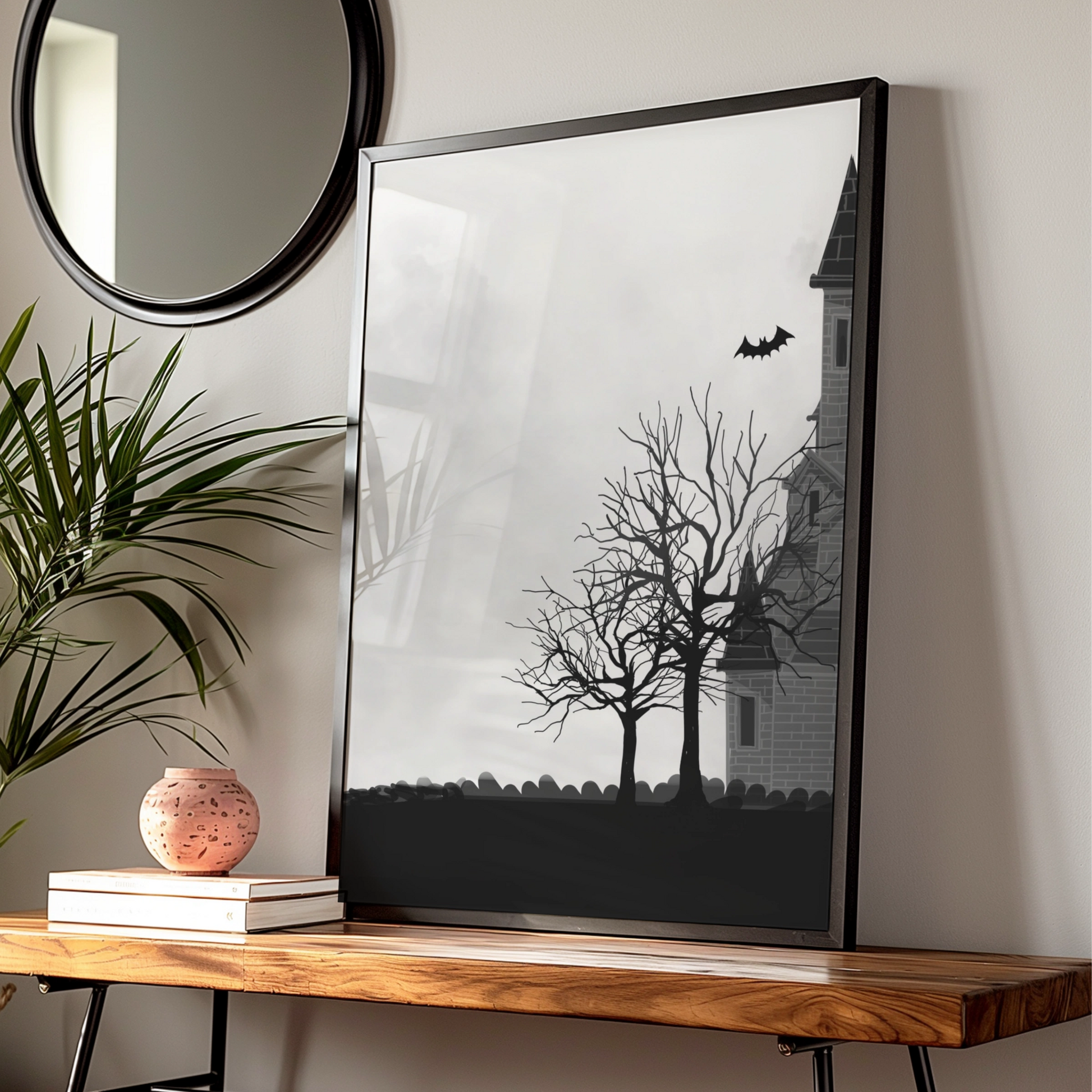 Haunted House Halloween Art Print, Spooky Castle Bats Moon Wall Poster, Gothic Halloween Decor