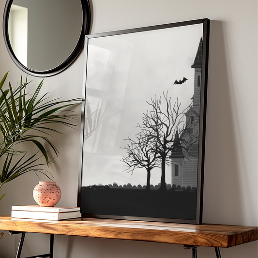 Haunted House Halloween Art Print, Spooky Castle Bats Moon Wall Poster, Gothic Halloween Decor