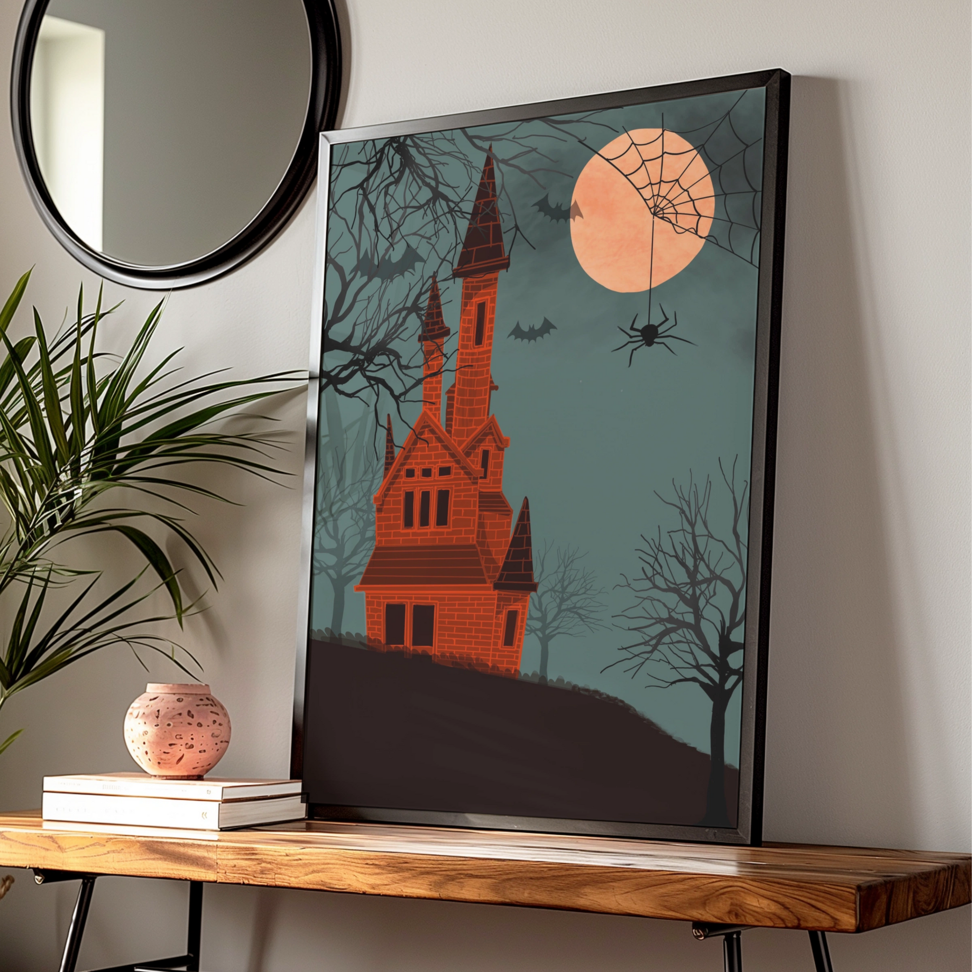 Halloween Haunted Castle Poster, Spooky House Wall Art, Bats Spider Moon Print