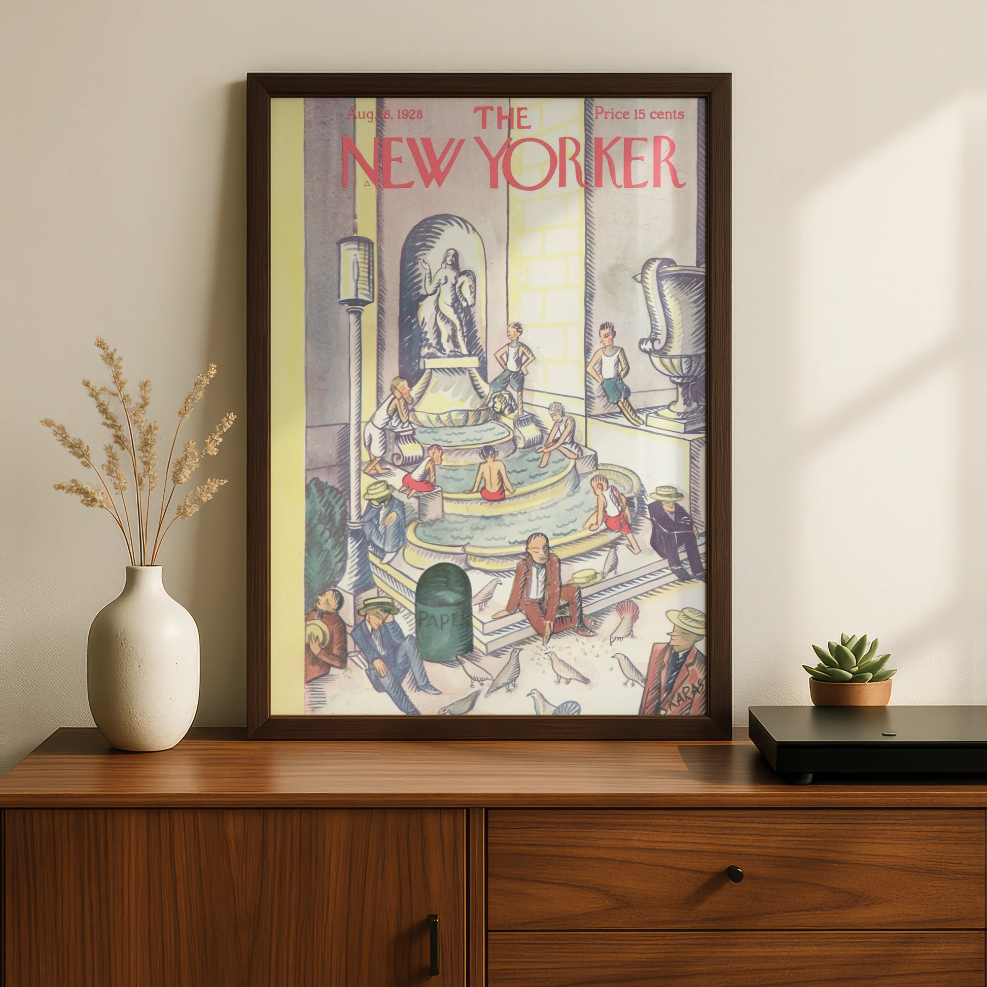 New Yorker Cover August 1928, Vintage City Fountain Art Poster, Retro Wall Art Print