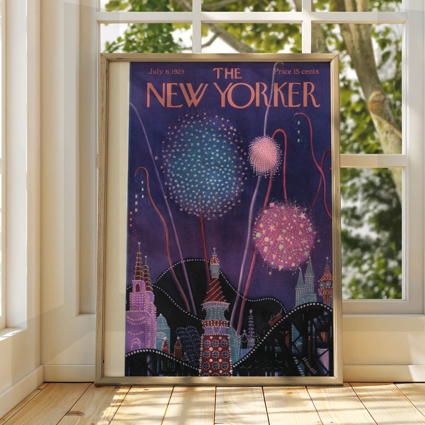 The New Yorker July 1929 Fireworks Cover Poster, Vintage Art Deco Night Sky Print
