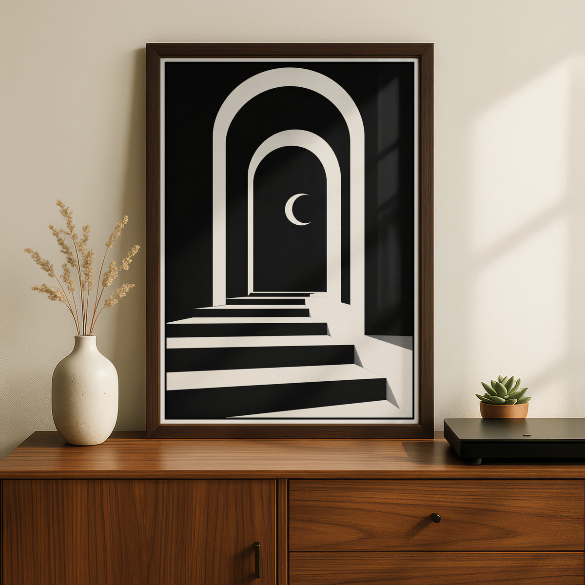 Arch Stairway Crescent Moon Print, Monochrome Wall Art, Minimalist Black White Poster