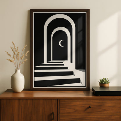 Arch Stairway Crescent Moon Print, Monochrome Wall Art, Minimalist Black White Poster