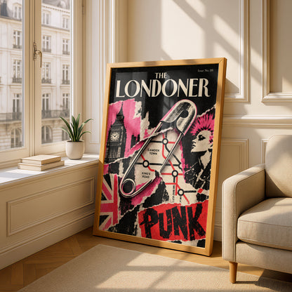 London Punk Poster, Safety Pin Wall Art, Camden Town Print, Big Ben Collage, Pink Red Black Decor