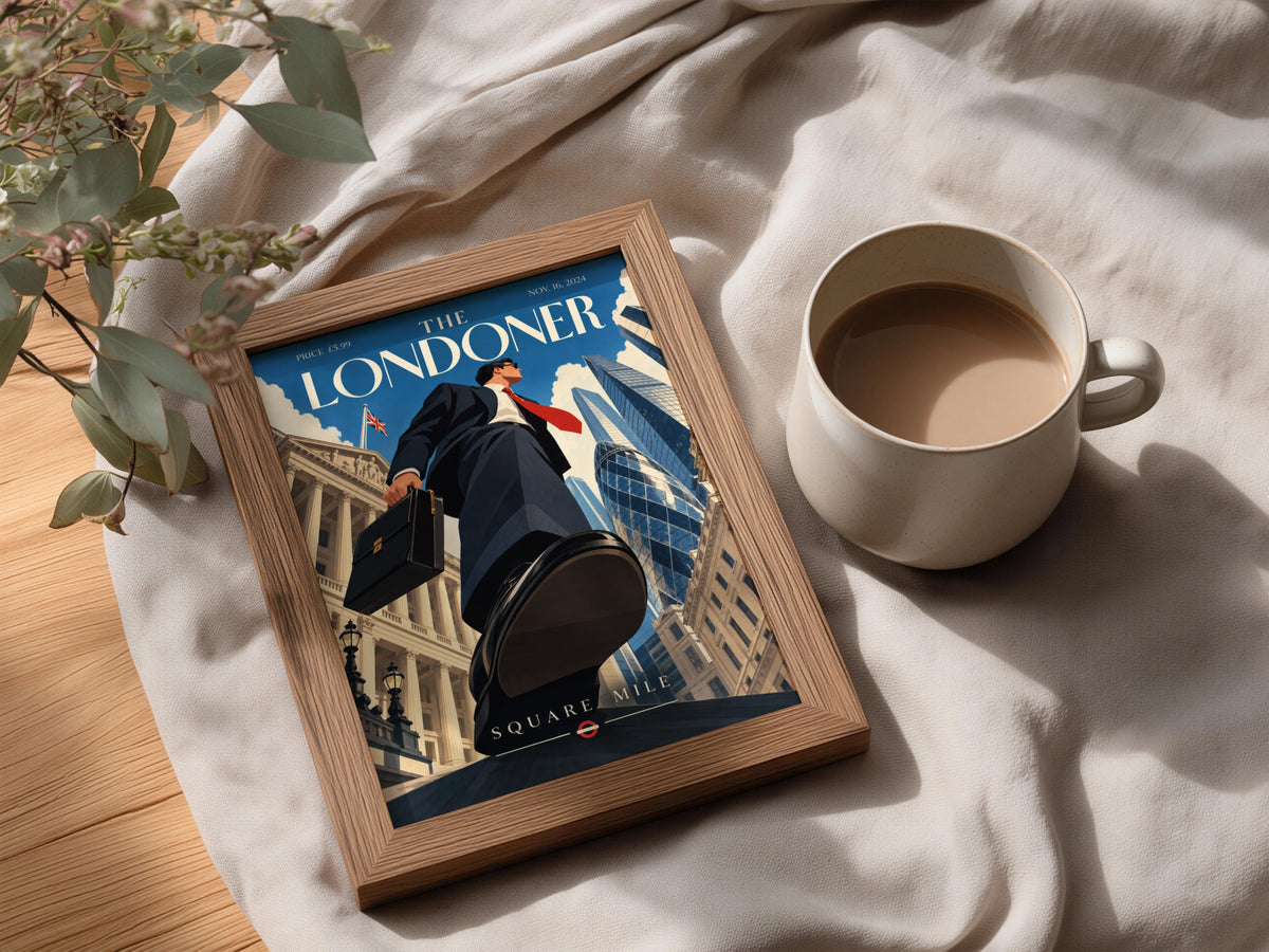 London Square Mile Poster, Retro Magazine Cover Wall Art, City of London Gherkin Print, Office