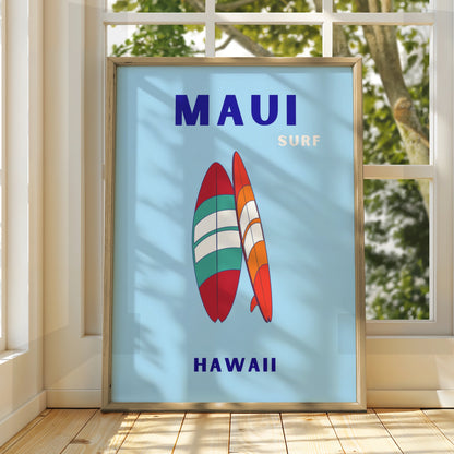 Maui Hawaii Surf Travel Poster, Retro Surfboard Wall Art, Hawaiian Beach Print