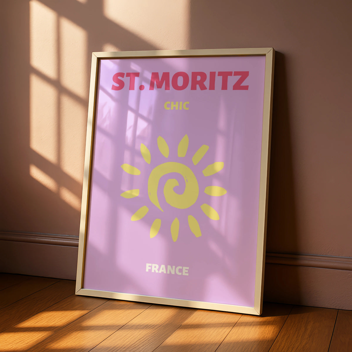 St Moritz Travel Poster, Switzerland Retro Wall Art, Chic Sun Print, Lilac Pink