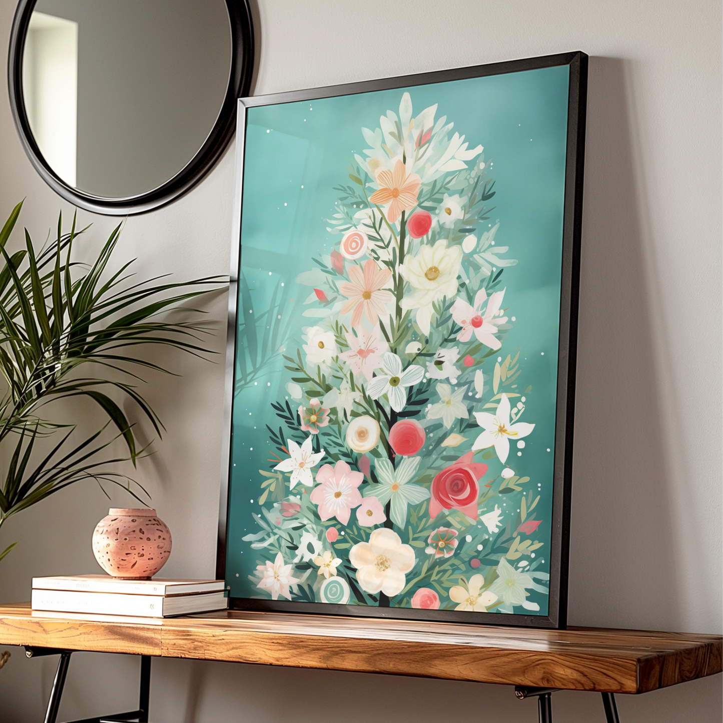 Floral Christmas Tree Poster, Botanical Xmas Wall Art, Pastel Teal Festive Print