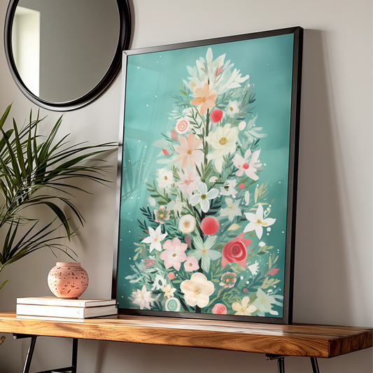 Floral Christmas Tree Poster, Botanical Xmas Wall Art, Pastel Teal Festive Print