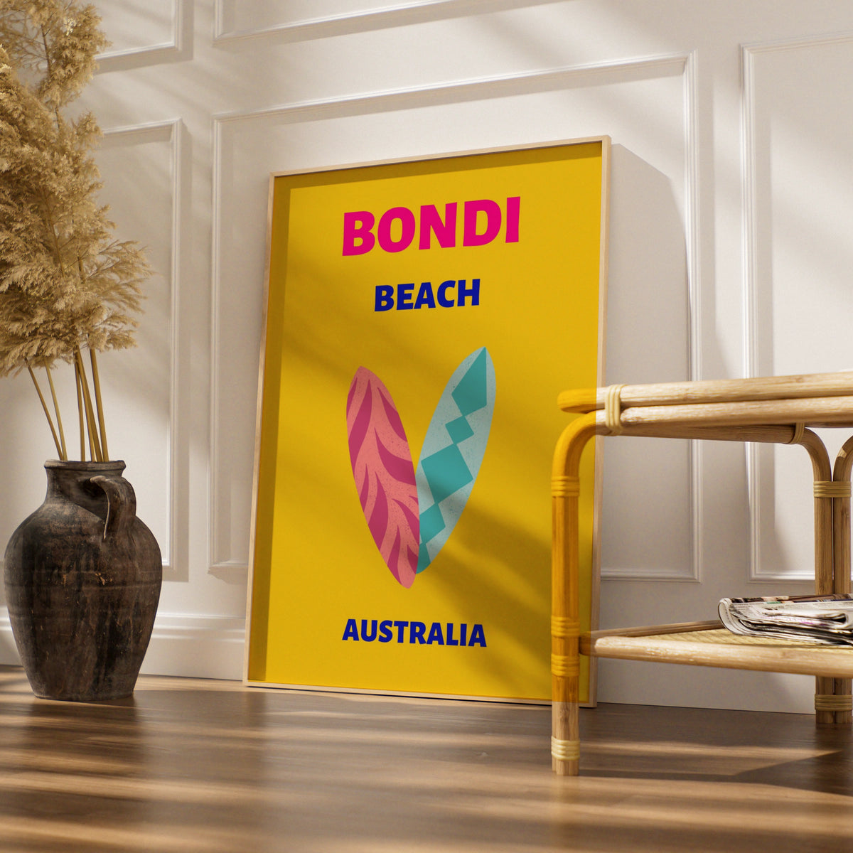 Bondi Beach Australia Travel Poster, Retro Surf Wall Art, Sydney Colourful Print