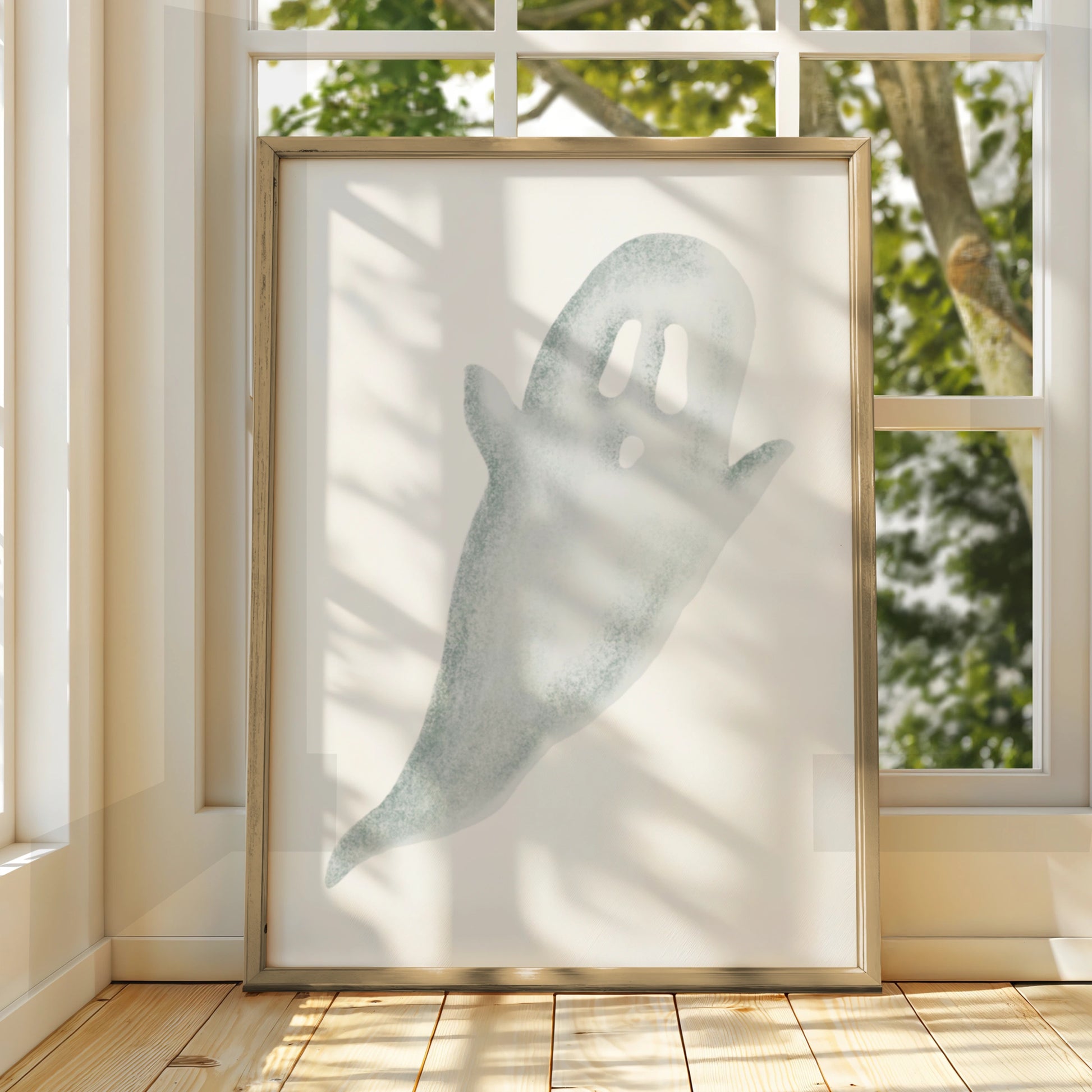 Halloween Ghost Poster, Spooky Ghost Wall Art, Minimalist Halloween Print, Sage Green Home Decor