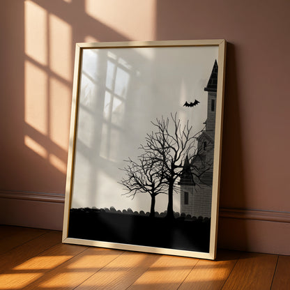 Haunted House Halloween Art Print, Spooky Castle Bats Moon Wall Poster, Gothic Halloween Decor
