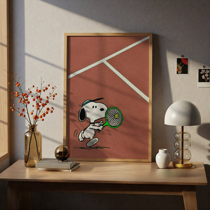Tennis Poster, Cartoon Dog Wall Art, Terracotta Clay Court Art Print