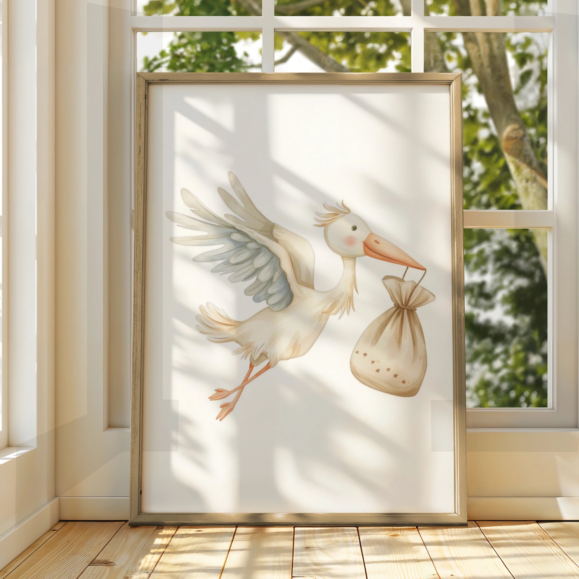 Stork Nursery Wall Art, Baby Shower Poster, Watercolour Bird Print, New Baby Gift