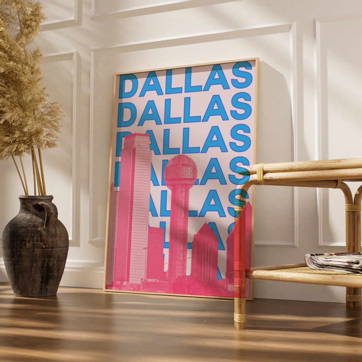 Dallas Travel Poster, Texas City Wall Art, Retro Skyline Print, Pink Blue Modern Decor