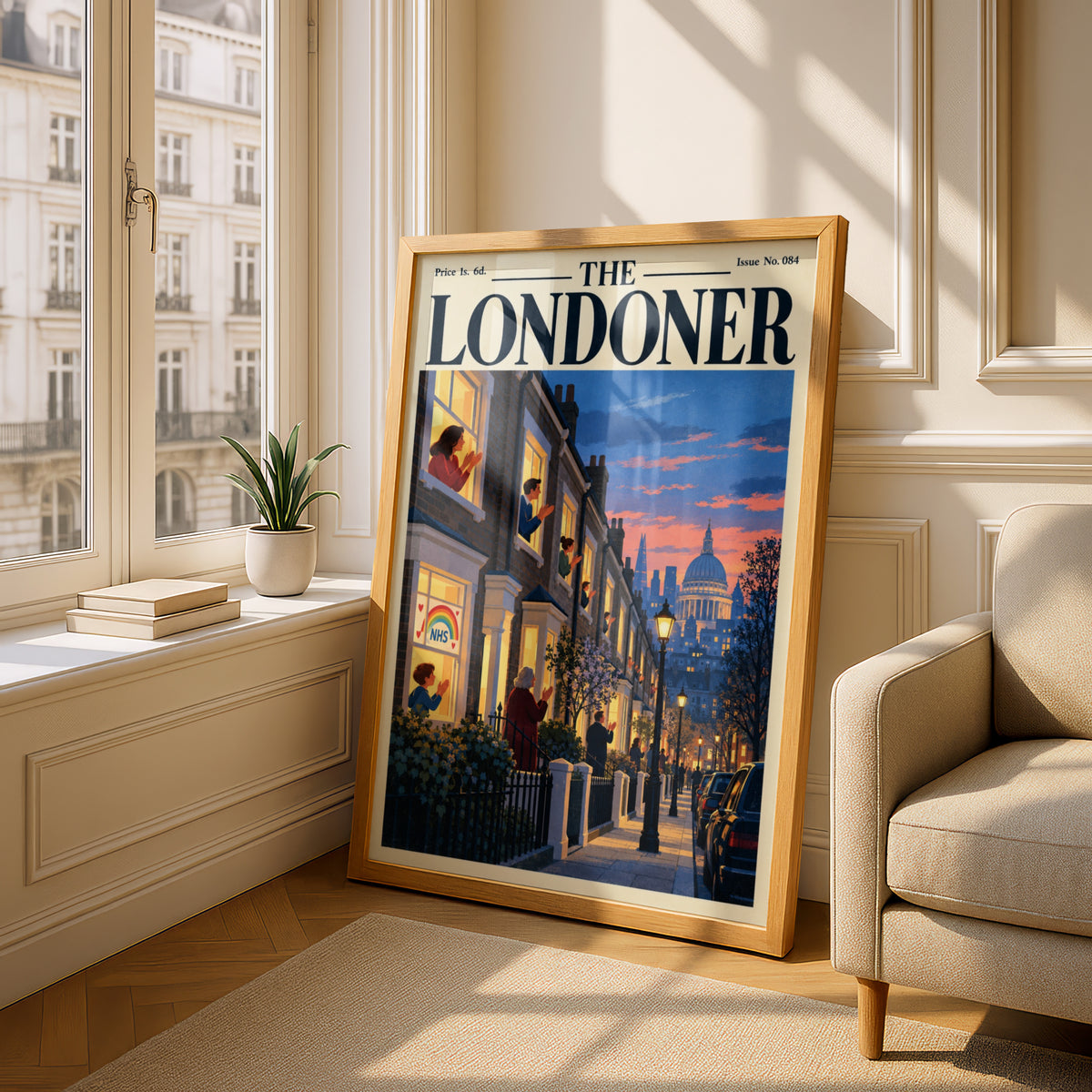 The Londoner Magazine Cover Poster, London Street at Dusk, St Pauls Dome, Retro Wall Art Print