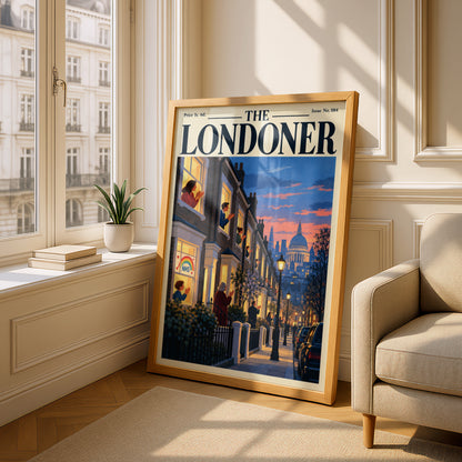 The Londoner Magazine Cover Poster, London Street at Dusk, St Pauls Dome, Retro Wall Art Print