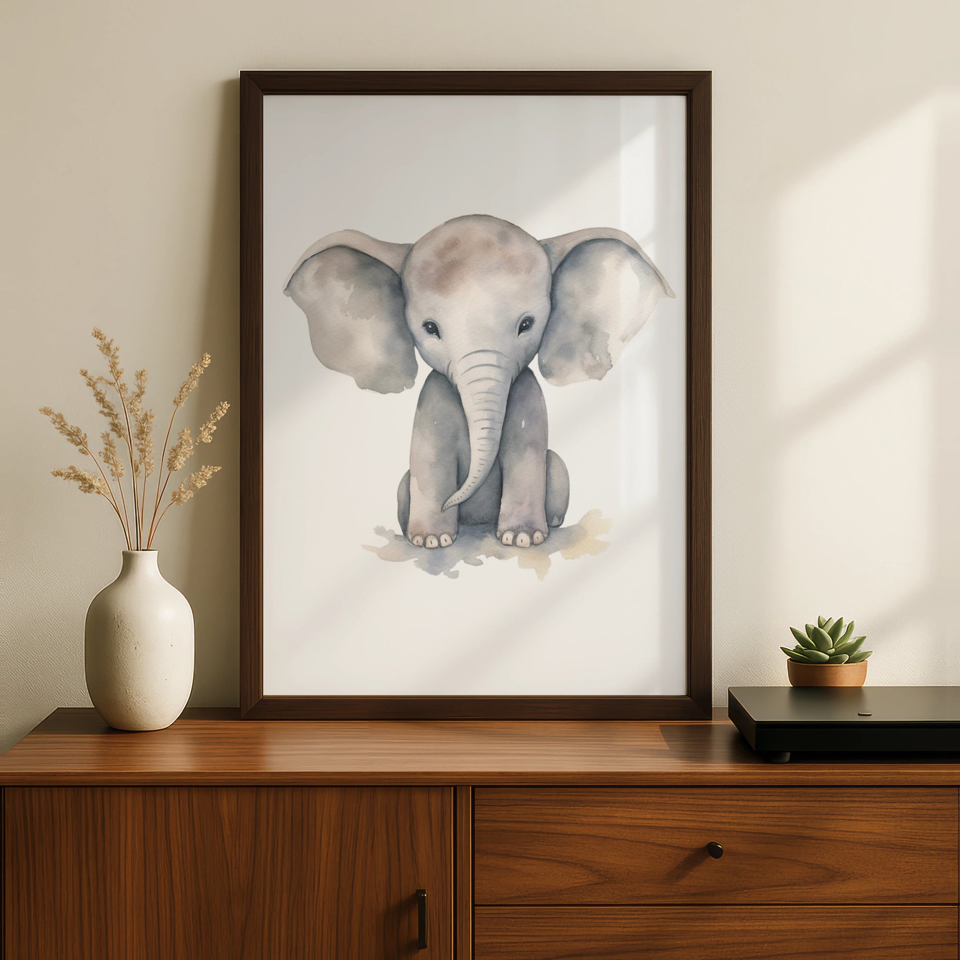 Baby Elephant Nursery Wall Art, Watercolour Animal Print, Grey Kids Room Poster