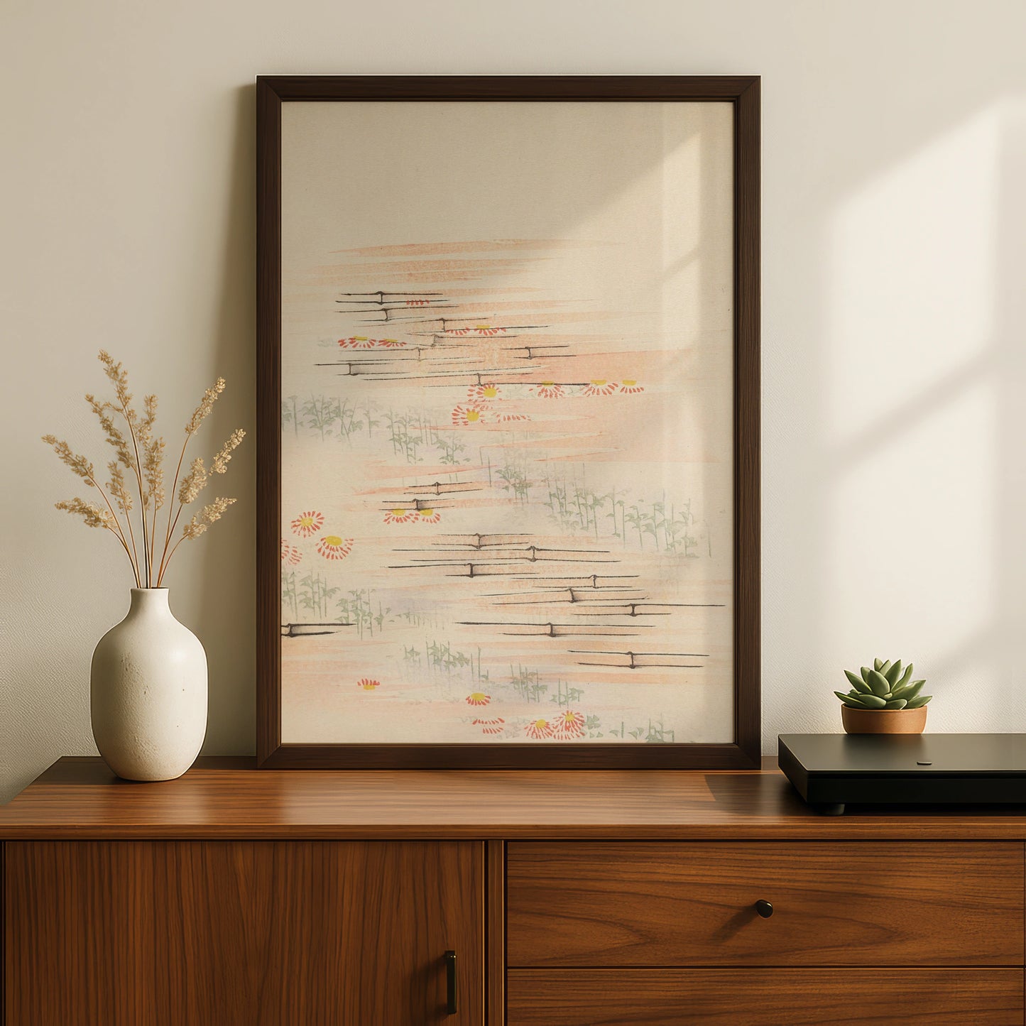 Japanese Botanical Print, Vintage Chrysanthemum Bamboo Wall Art, Japandi Floral Poster – A5 Black frame