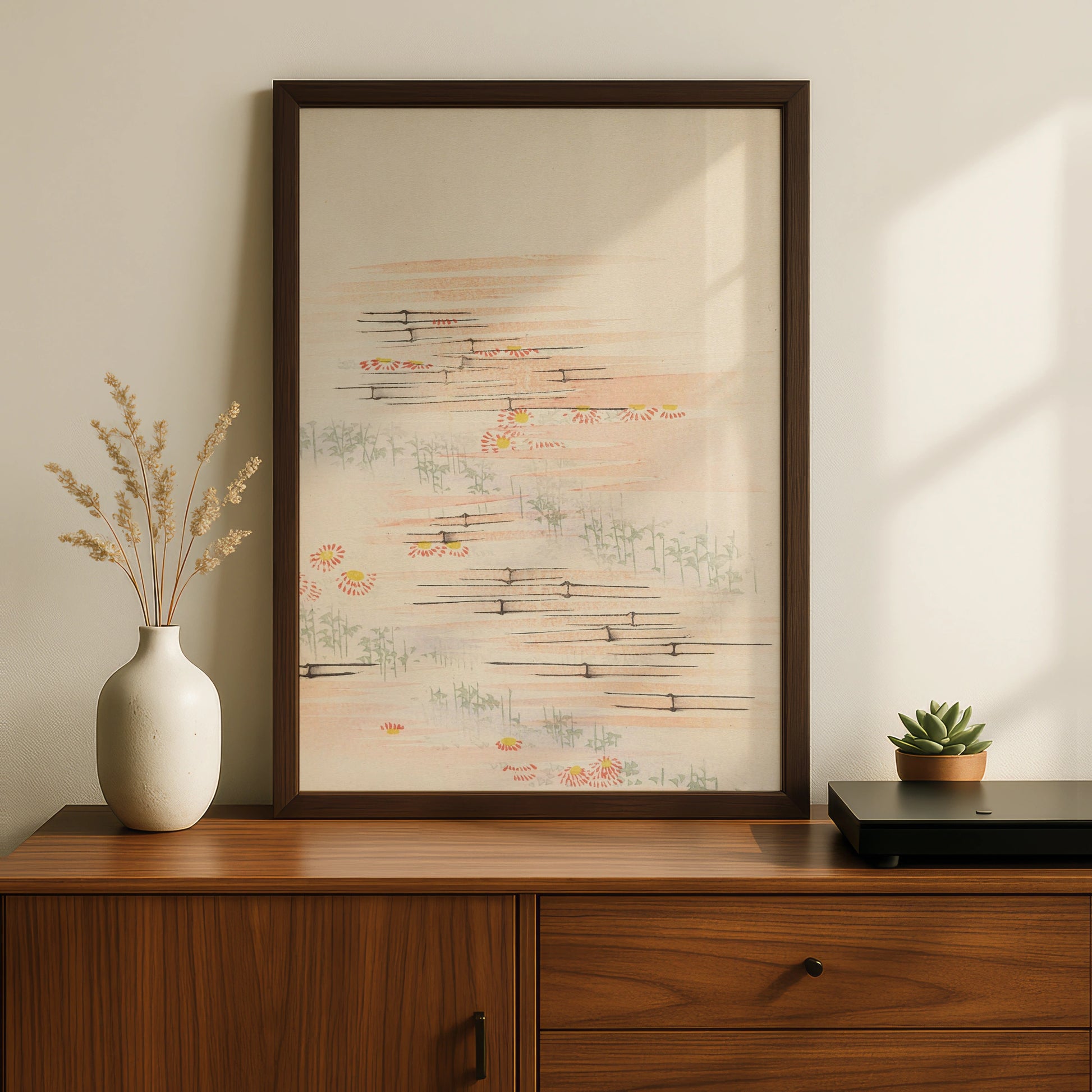 Japanese Botanical Print, Vintage Chrysanthemum Bamboo Wall Art, Japandi Floral Poster – A5 Black frame