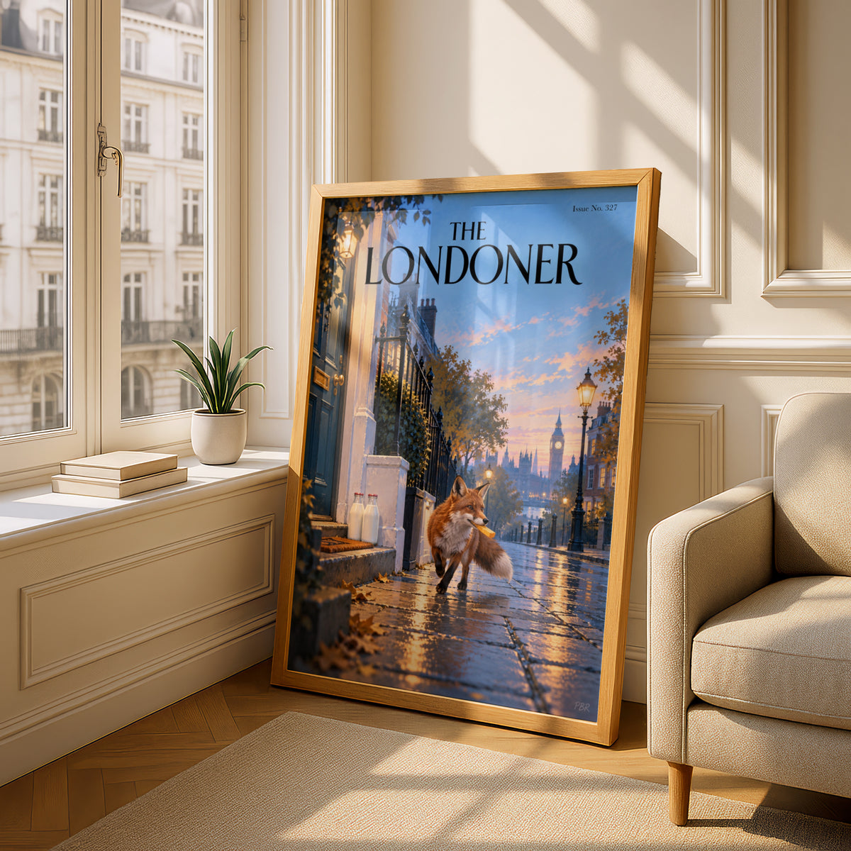 London Fox Poster, Magazine Cover Wall Art Print, Autumn Street Scene, Big Ben Illustration