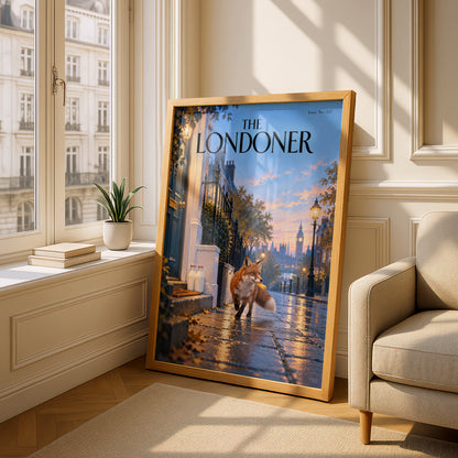 London Fox Poster, Magazine Cover Wall Art Print, Autumn Street Scene, Big Ben Illustration