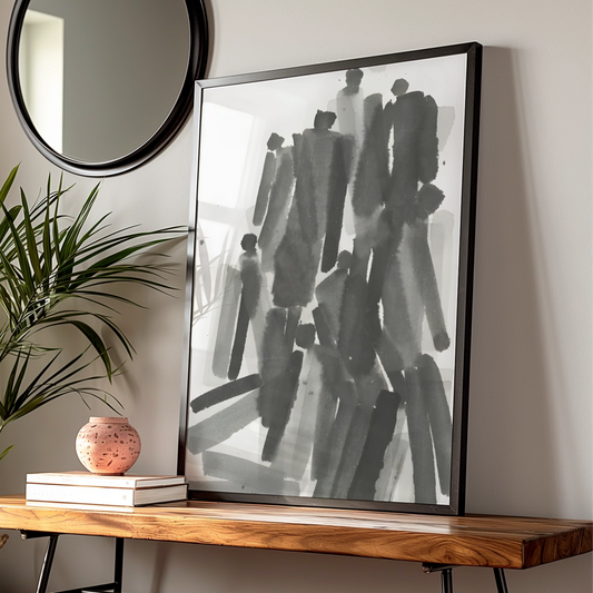 Abstract Figure Crowd Monochrome Wall Art, Black and White Ink Brush Minimalist Print