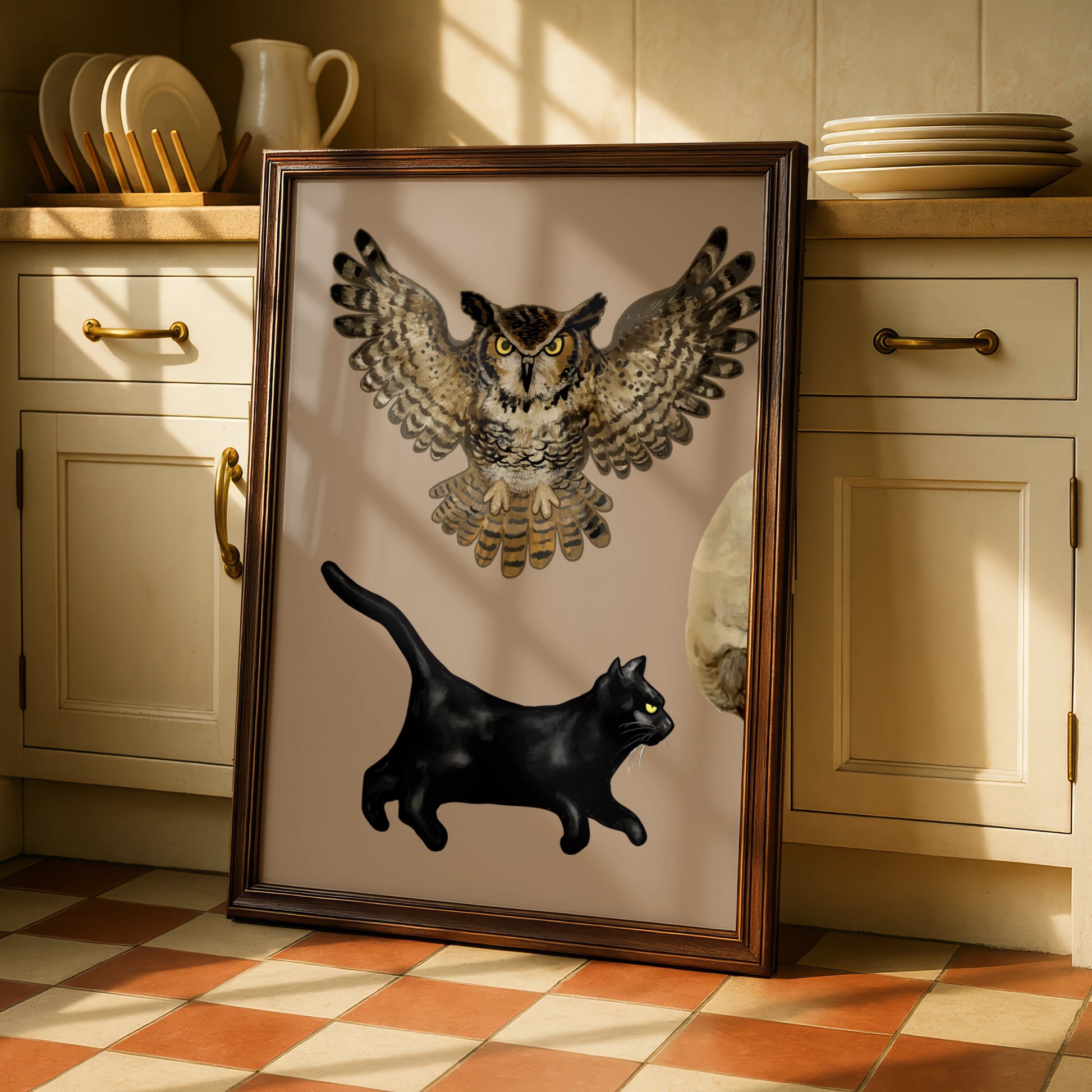 Halloween Owl Black Cat Poster, Spooky Moon Wall Art, Witch Familiar Print, Gothic Home Decor