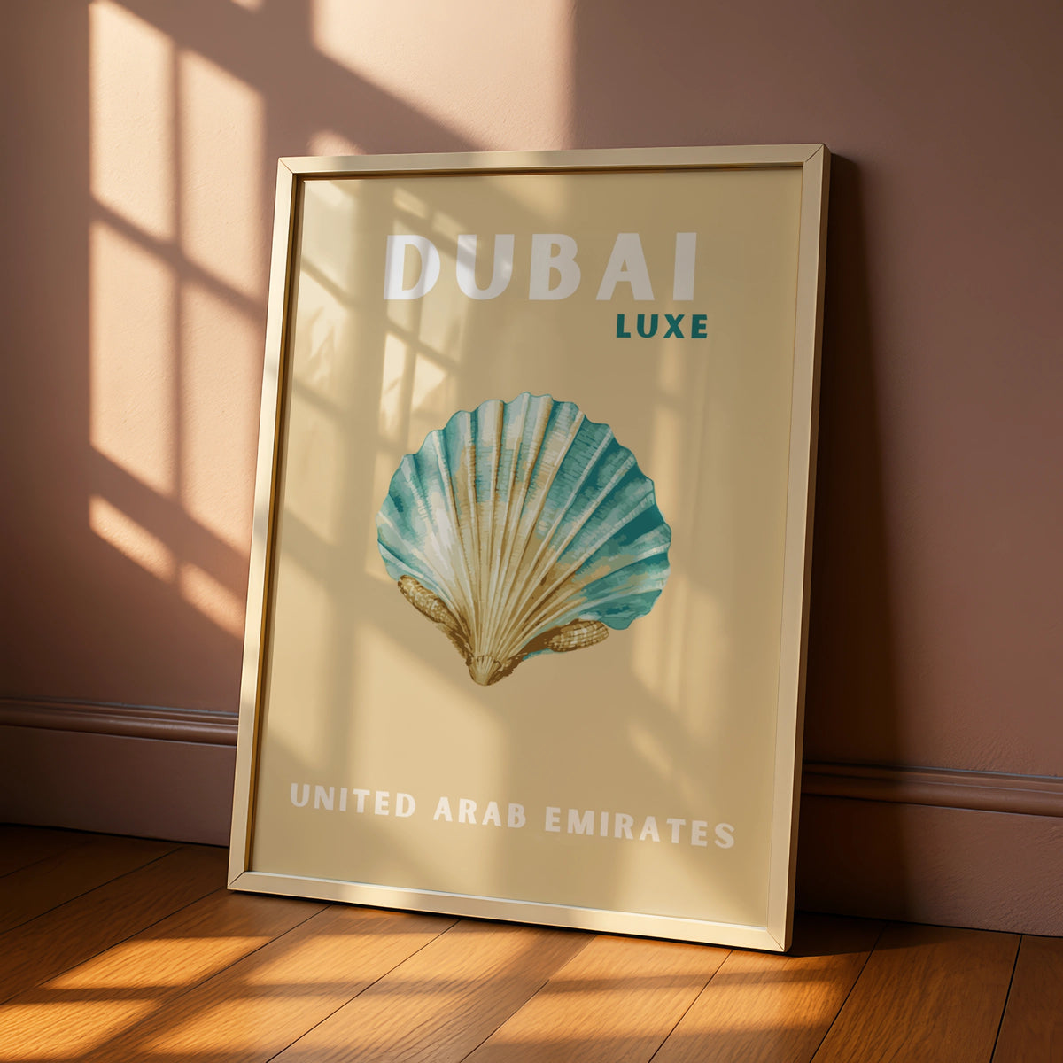 Dubai Travel Poster, UAE Wall Art, Retro Seashell Print, Coastal Teal Sand Decor