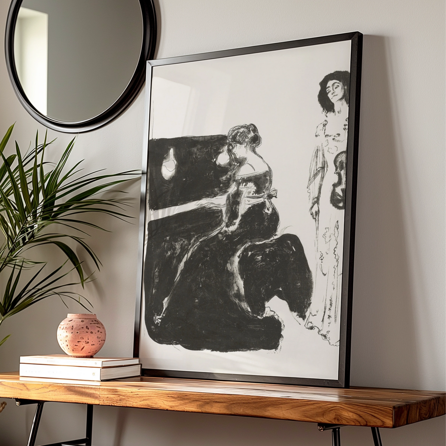 Halloween Gothic Women Music Art Print, Dark Piano Violin Wall Poster, Spooky Black White Decor