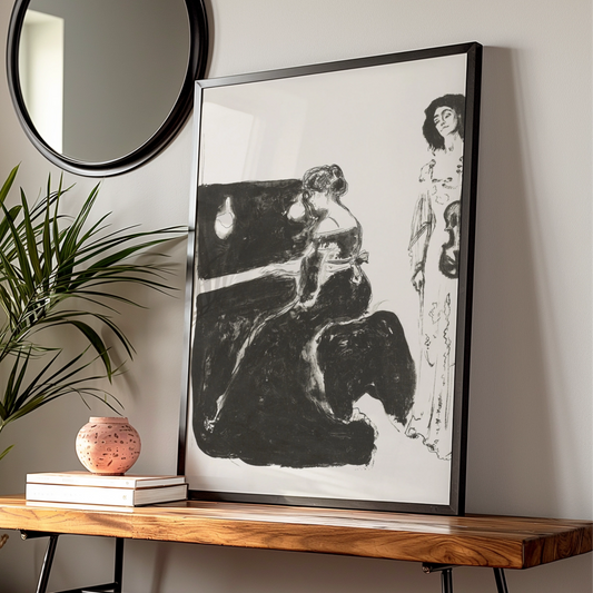 Halloween Gothic Women Music Art Print, Dark Piano Violin Wall Poster, Spooky Black White Decor