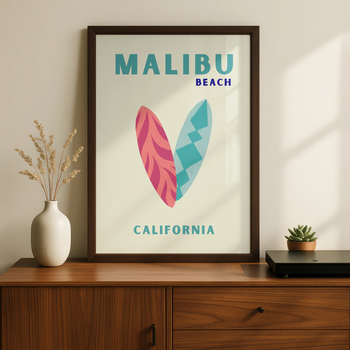 Malibu Beach California Travel Poster, Retro Surf Wall Art, Coastal Print Gift